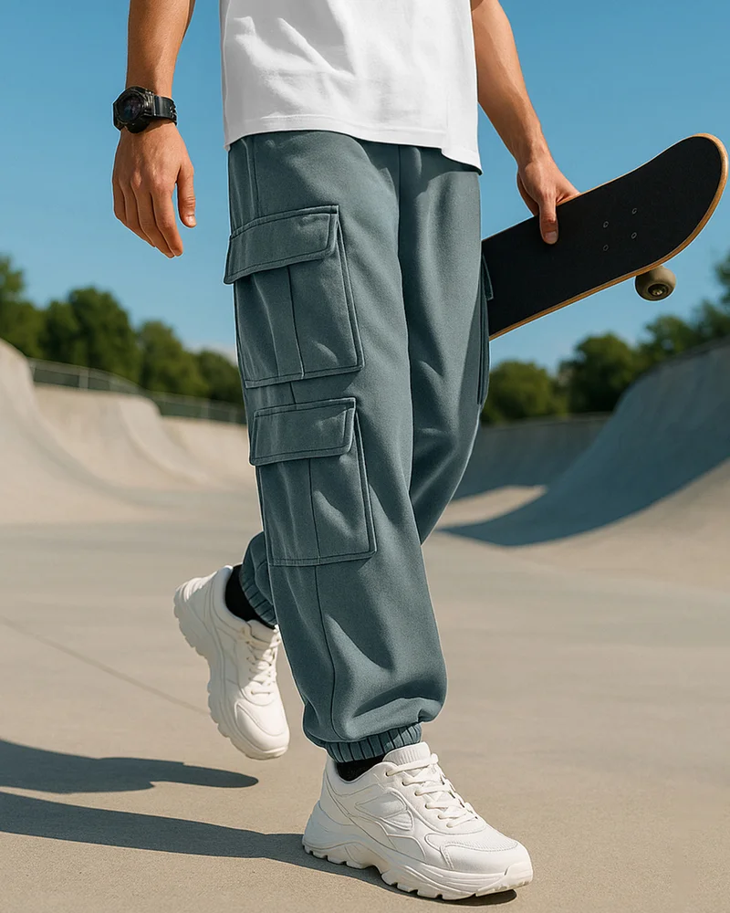 بيواكوف Men's Grey Super Loose Fit Brushed Cargo Joggers
